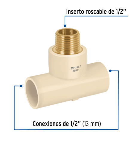 TEE ROSCA CENTRAL MACHO CPVC 1/2' INSERTO LATÓN, FOSET 48911 N