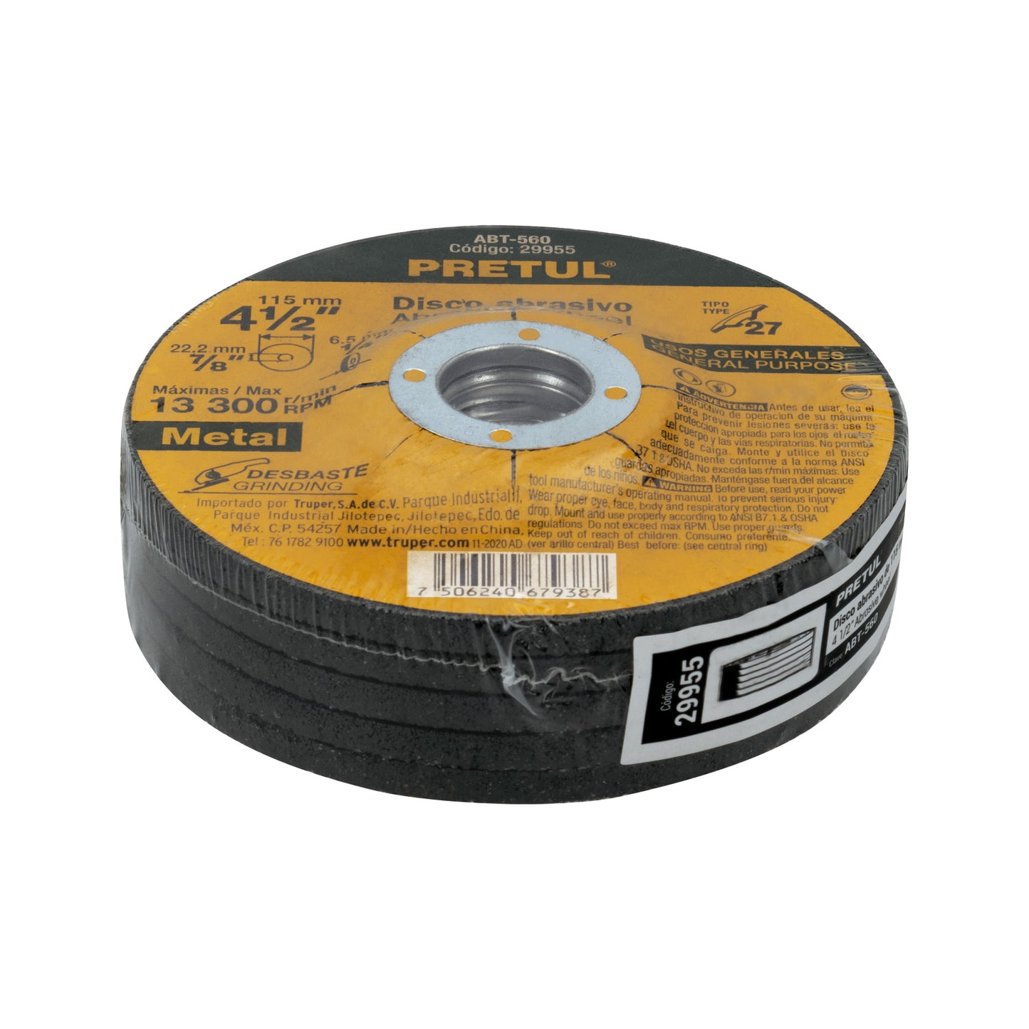 DISCO TIPO 27 DE 4-1/2'' X 6.2MM DESBASTE DE METAL, PRETUL 29955 *