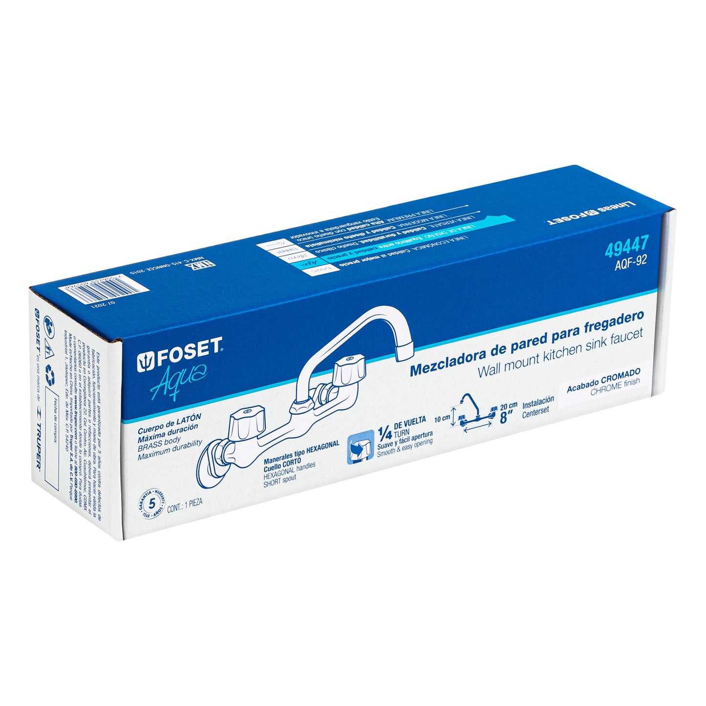 MEZCLADORA INOX 8' PARA FREGADERO, CONEXIONES DE PARED,FOSET 49447 P