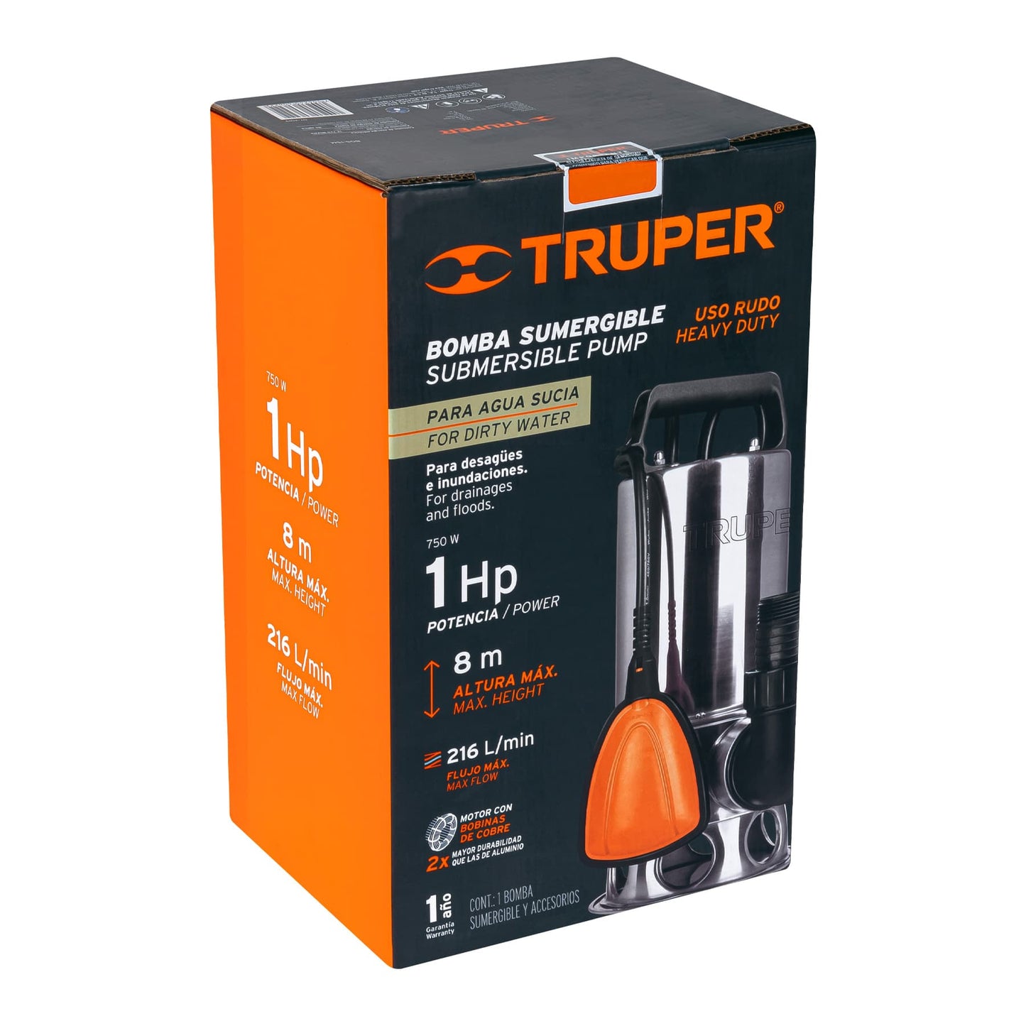BOMBA SUMERGIBLE ACERO INOXIDABLE, AGUA SUCIA, 1HP, TRUPER 12607 *