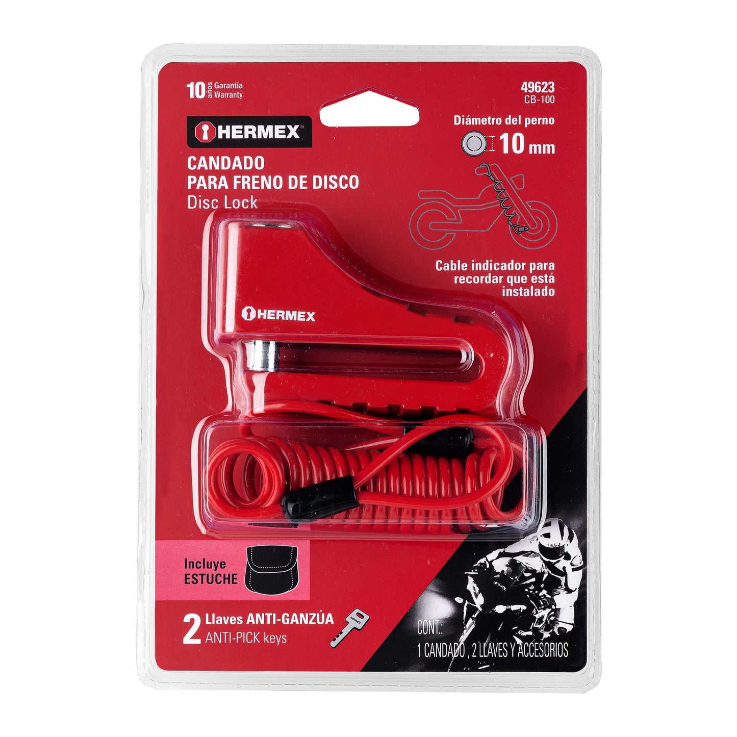 CANDADO PARA DISCO DE MOTOCICLETA, PERNO DE 10 MM, HERMEX 49623 *