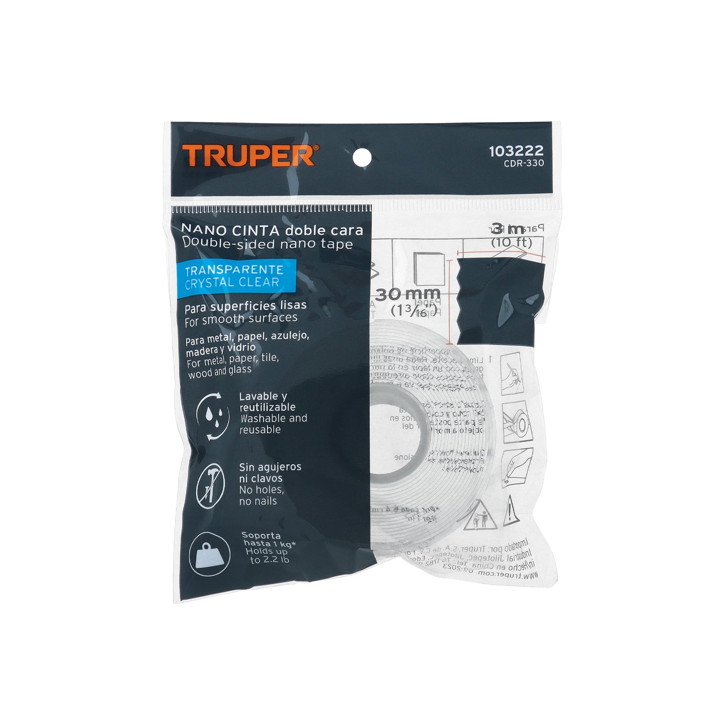 CINTA DOBLE CARA REUTILIZABLE, TRANSPARENTE 3M X 30MM, TRUPER 103222 *
