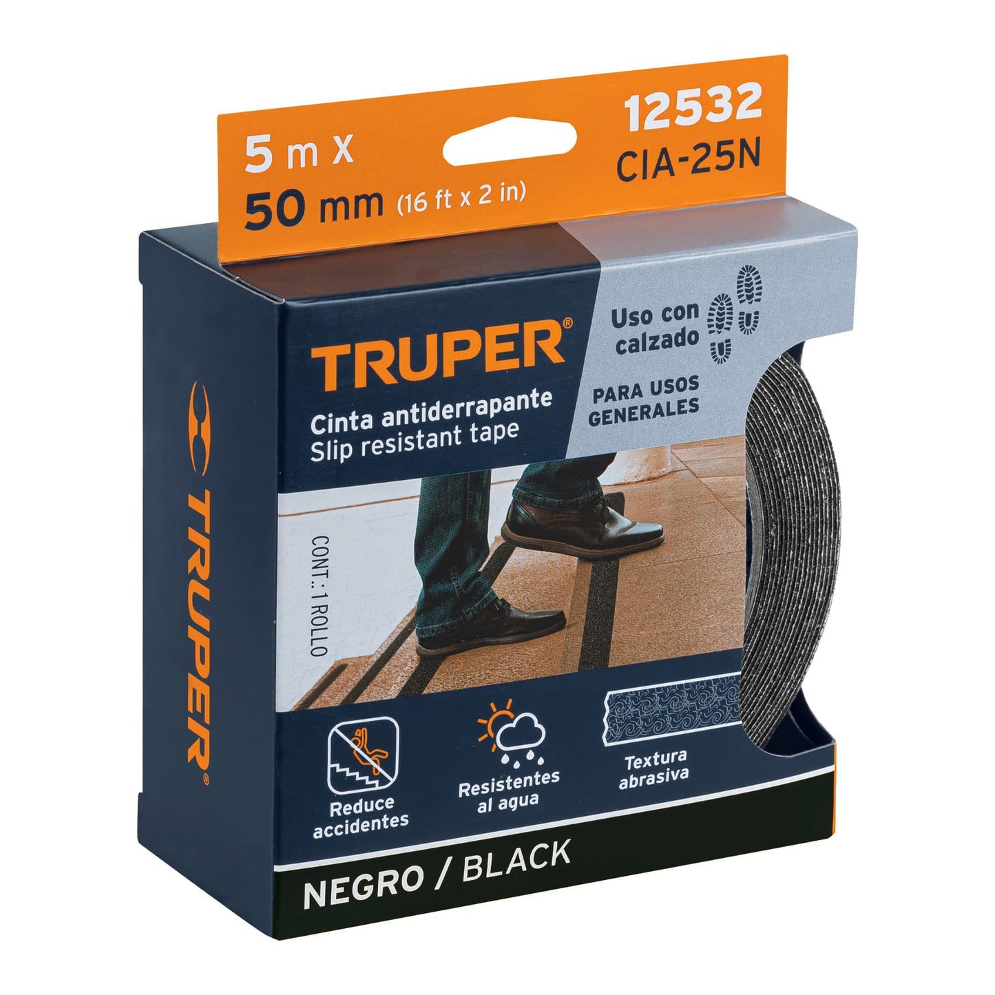 ROLLO DE 5 M DE CINTA ANTIDERRAPANTE NEGRA 50MM CON ABRASIVO 12532 *