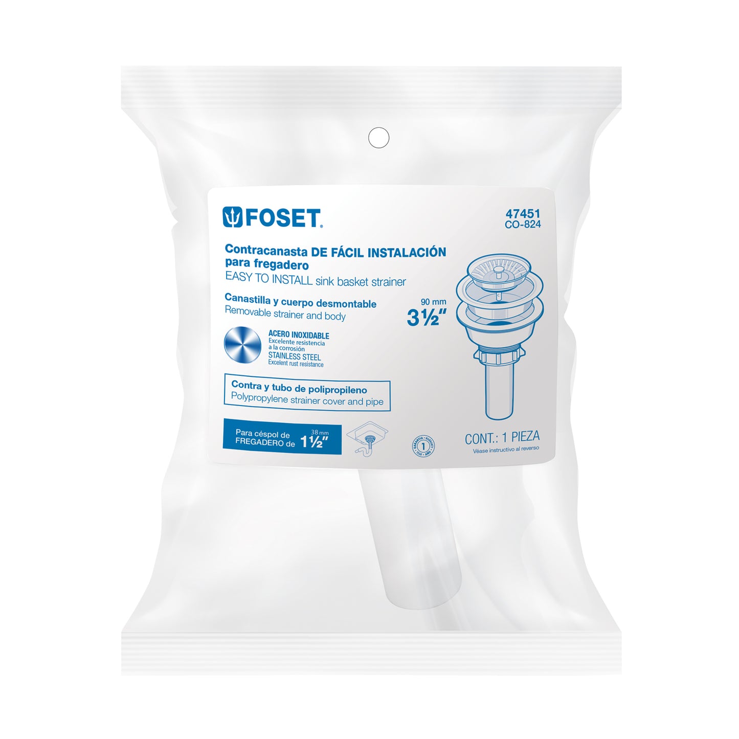 CONTRACANASTA 3-1/2' INOX, INSTALAFÁCIL, TUBO PLÁSTICO,FOSET 47451 P