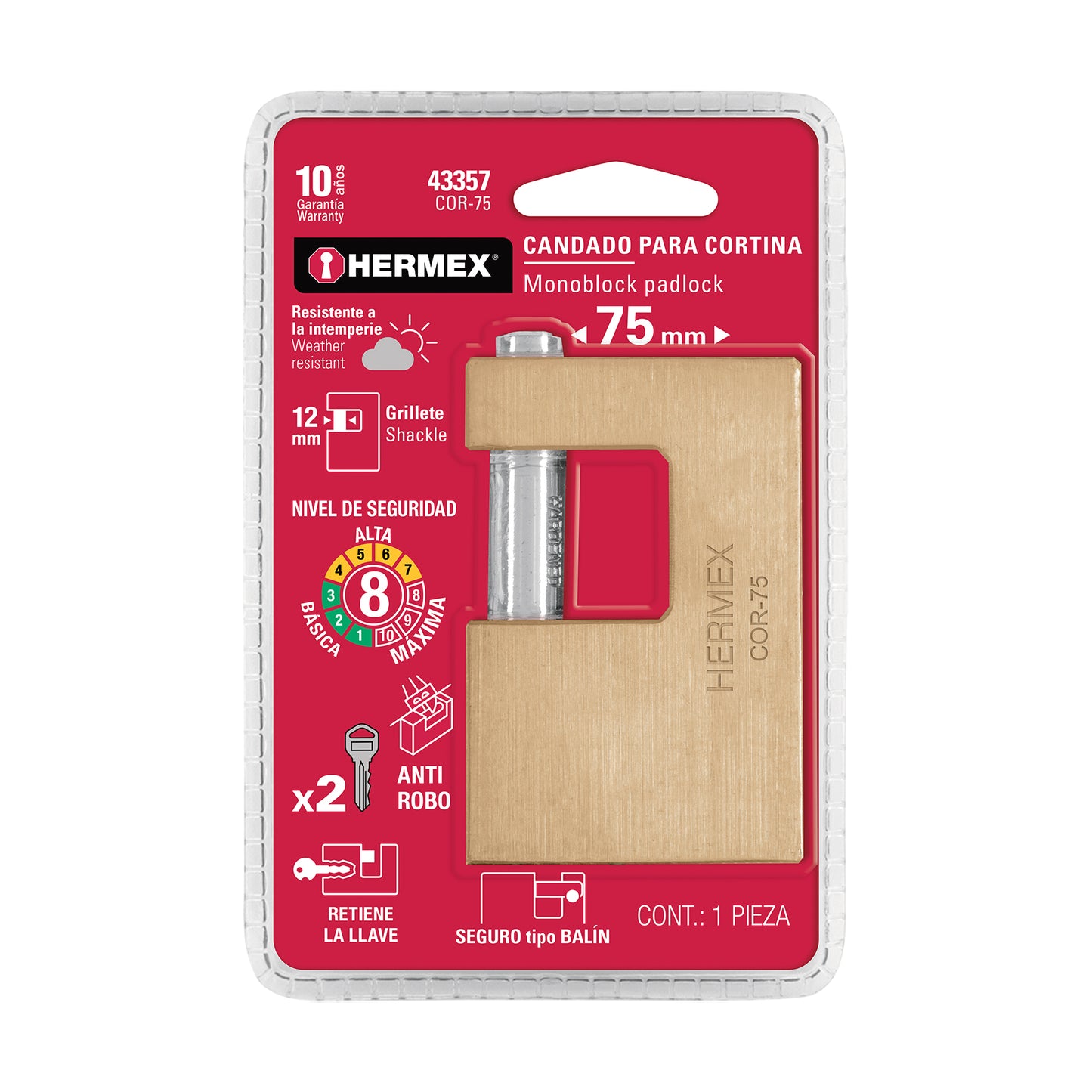 CANDADO ANTIPALANCA, 75MM, CUERPO DE LATÓN LLAVE TRADICIONAL 43357 *