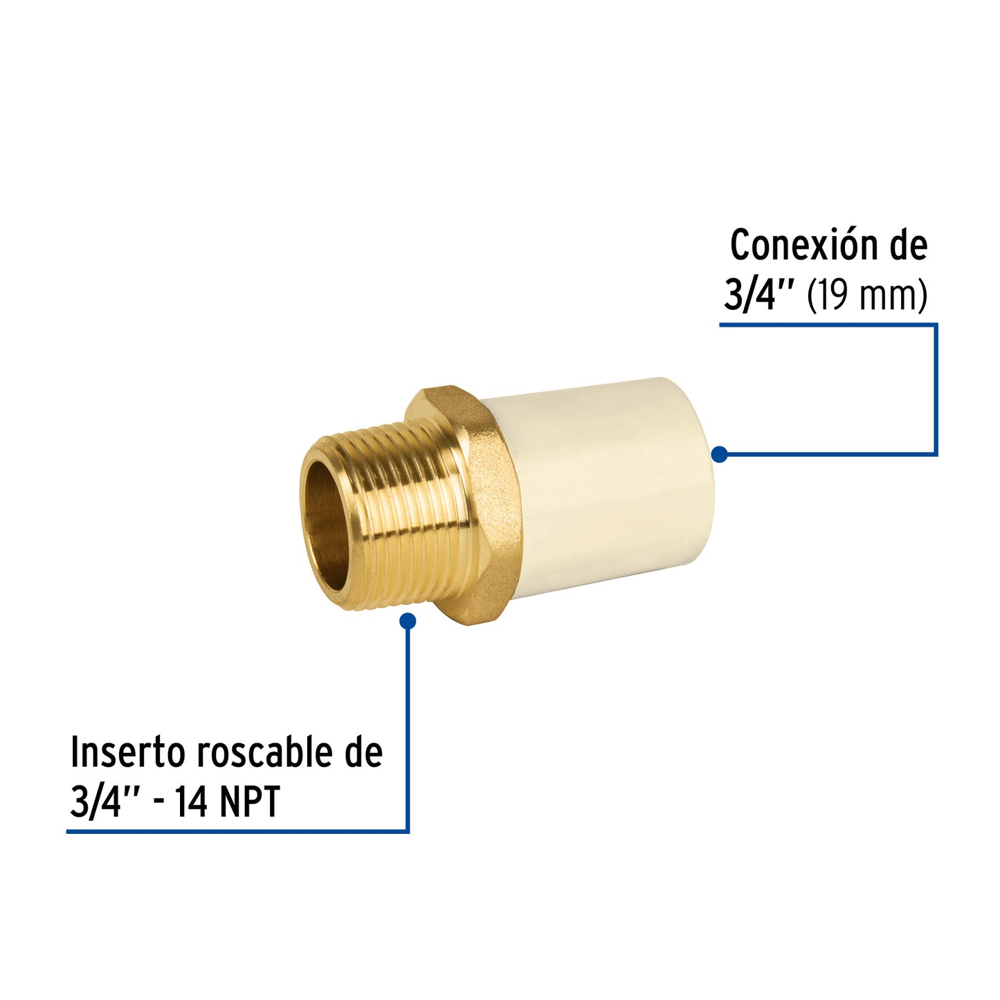 ADAPTADOR MACHO DE CPVC 3/4'' CON INSERTO METÀLICO, FOSET *