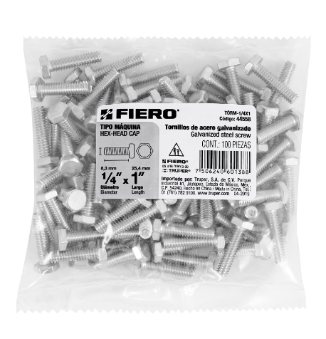 BOLSA CON 100 TORNILLOS 1/4" X 1" TIPO MÁQUINA, FIERO 44558 N