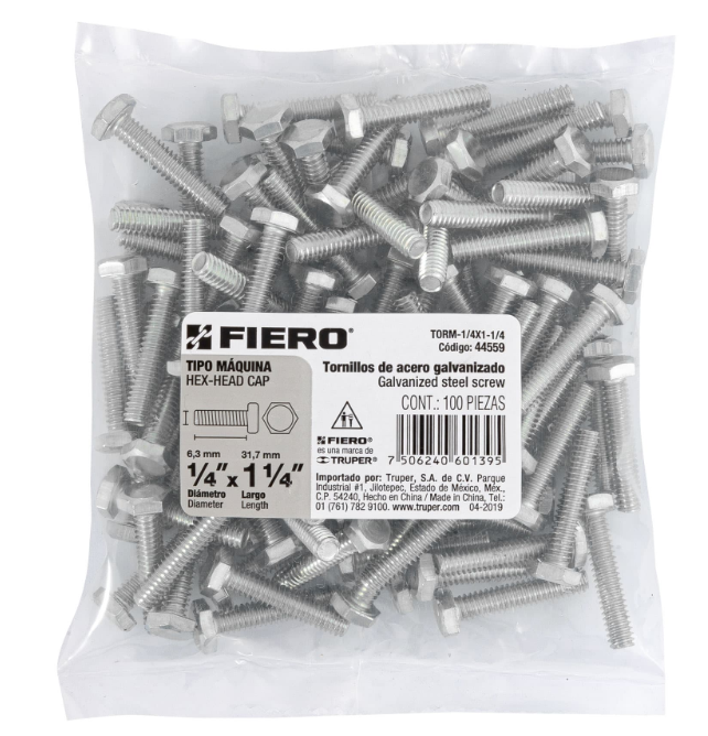 BOLSA CON 100 TORNILLOS 1/4" X 1-1/4" TIPO MÁQUINA, FIERO 44559 N