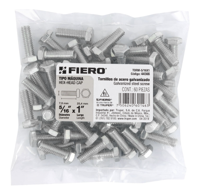 BOLSA CON 60 TORNILLOS 5/16" X 1" TIPO MÁQUINA, FIERO 44566 N