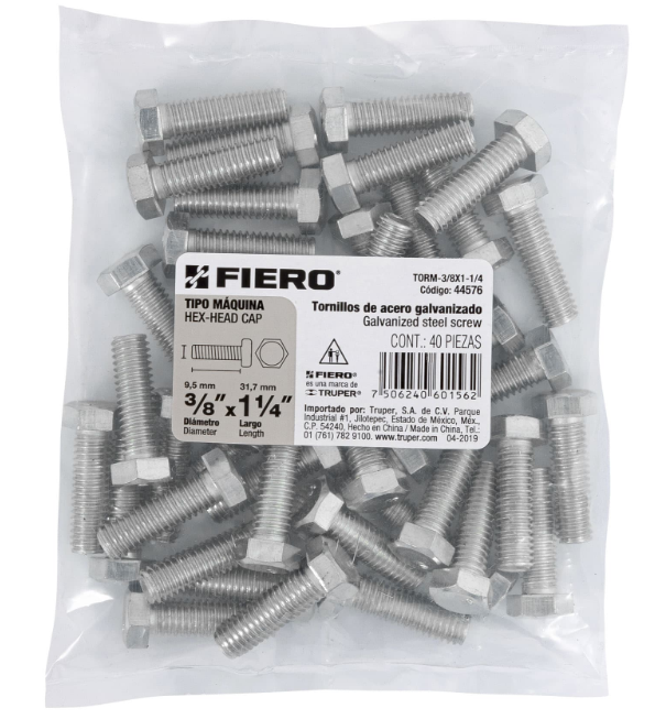 BOLSA CON 40 TORNILLOS 3/8" X 1-1/4" TIPO MÁQUINA, FIERO 44576 N