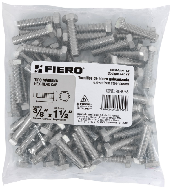 BOLSA CON 70 TORNILLOS 3/8" X 1-1/2" TIPO MÁQUINA, FIERO 44577 N
