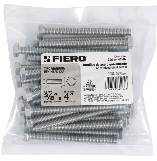 BOLSA CON 30 TORNILLOS 3/8" X 4" TIPO MÁQUINA, FIERO 44582 N