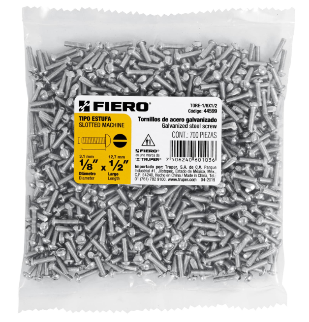 BOLSA CON 700 TORNILLOS 1/8" X 1/2" TIPO ESTUFA, FIERO 44599 N
