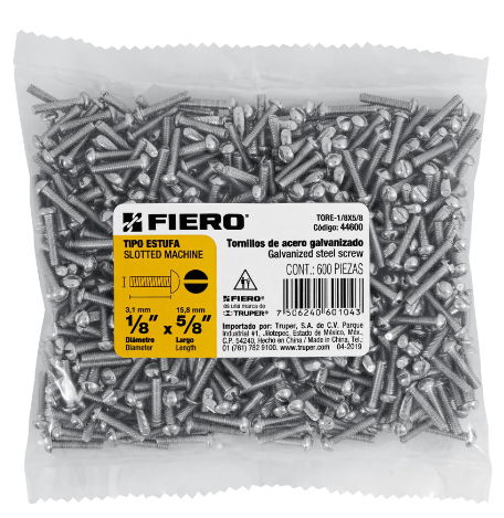 BOLSA CON 600 TORNILLOS 1/8" X 5/8" TIPO ESTUFA, FIERO 44600 N