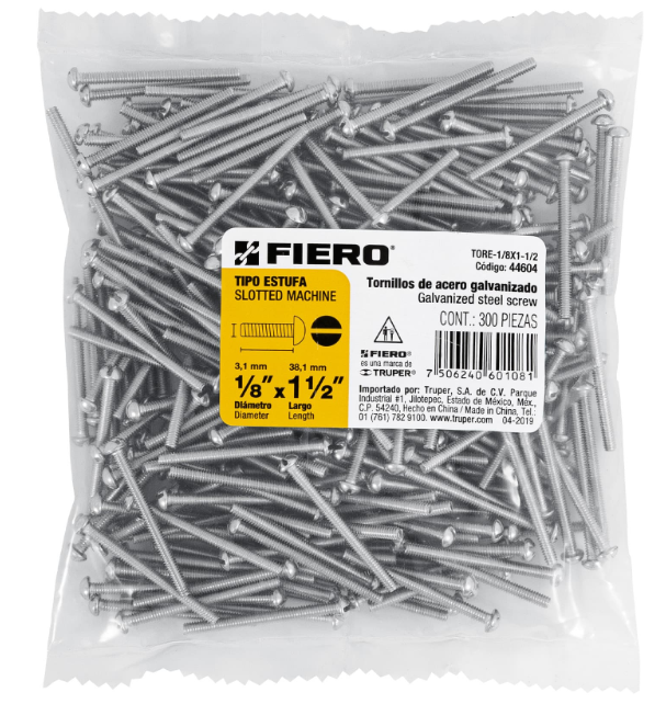 BOLSA CON 300 TORNILLOS 1/8" X 1-1/2" TIPO ESTUFA, FIERO 44604 N