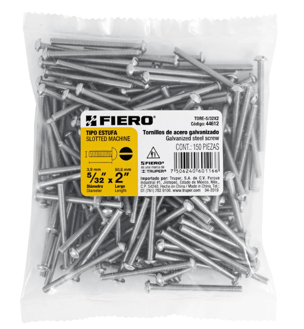 BOLSA CON 150 TORNILLOS 5/32" X 2" TIPO ESTUFA, FIERO 44612 N