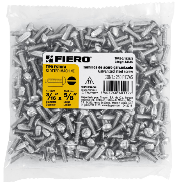 BOLSA CON 250 TORNILLOS 3/16" X 5/8" TIPO ESTUFA, FIERO 44615 N