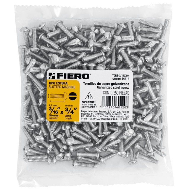 BOLSA CON 250 TORNILLOS 3/16" X 3/4" TIPO ESTUFA, FIERO 44616 N
