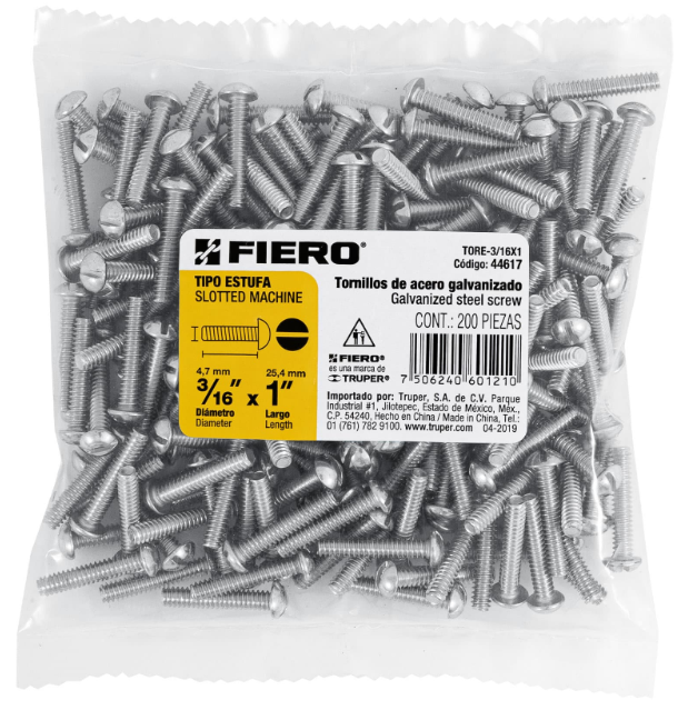 BOLSA CON 200 TORNILLOS 3/16" X 1" TIPO ESTUFA, FIERO 44617 N