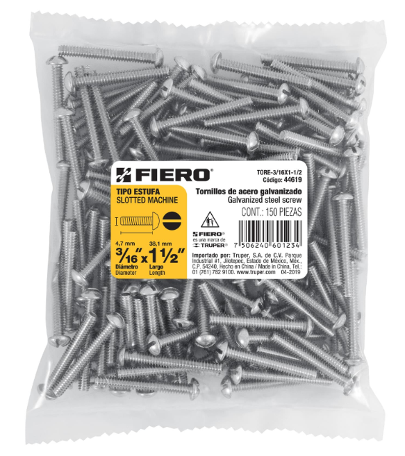 BOLSA CON 150 TORNILLOS 3/16" X 1-1/2" TIPO ESTUFA, FIERO 44619 N