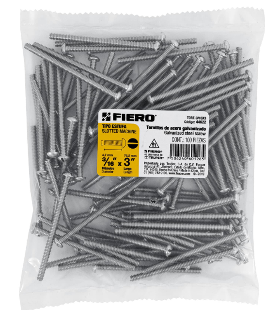 BOLSA CON 100 TORNILLOS 3/16" X 3" TIPO ESTUFA, FIERO 44622 N