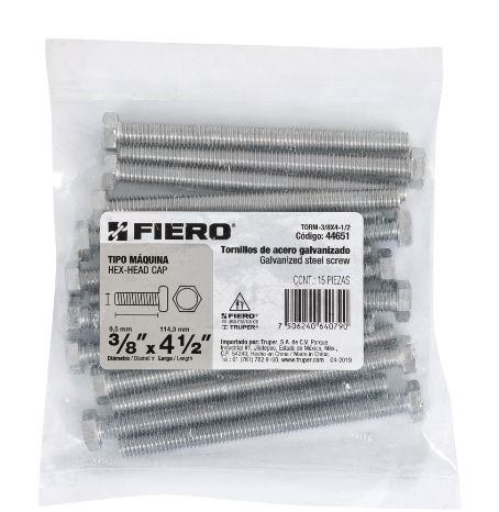 BOLSA CON 15 TORNILLOS 3/8" X 4-1/2" TIPO MÁQUINA, FIERO 44651 N