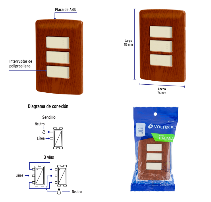 PLACA ARMADA 2 INTERRUPTORES 1 ESCALERA MADERA LINEA ITALIANA 49934 N