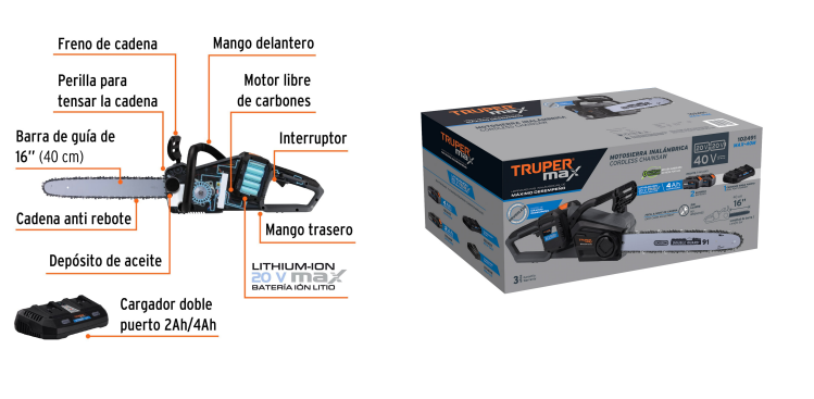 MOTOSIERRA INALAMBRICA 16'', 40V, SIN CARBONES, TRUPER MAX 102491 N