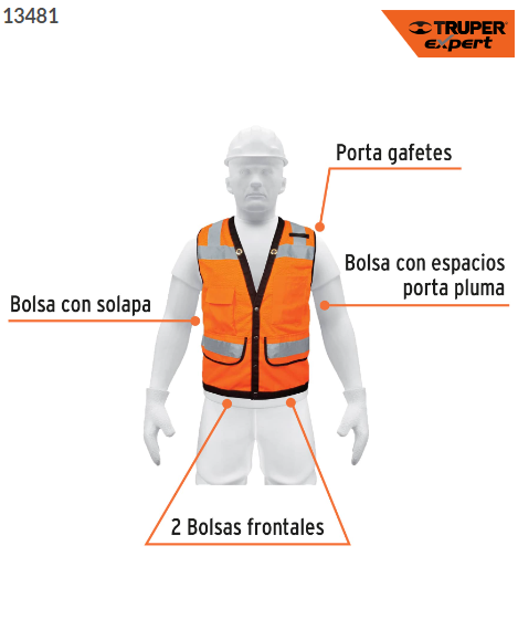 CHALECO SEGURIDAD REFORZADO NARANJA CON BOLSAS, XG, EXPERT 13481 N