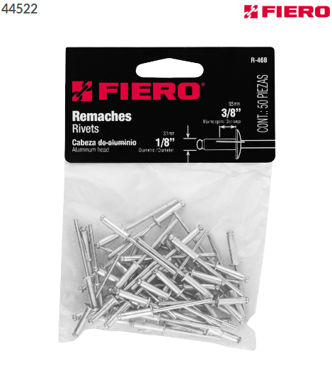BOLSA CON 50 REMACHES 1/8'' X 3/8'' DE ALUMINIO, ALA 1/4 44522 N