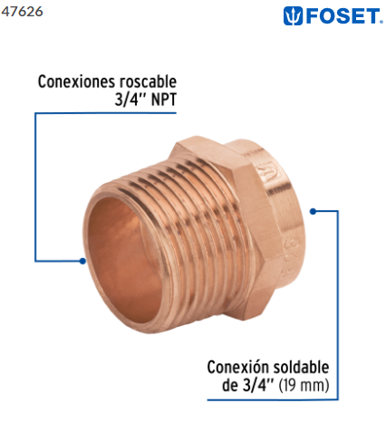 CONECTOR DE COBRE DE ROSCA EXTERIOR 3/4'', FOSET 47626 N