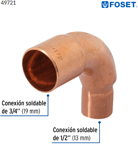 CODO 90ª REDUCCION DE COBRE DE 3/4'' X 1/2'', FOSET 49721 N