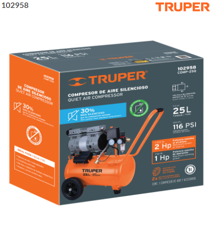 COMPRESOR DE AIRE, SILENCIOSO LIBRE DE ACEITE, 25 L, 2HP 102958 *
