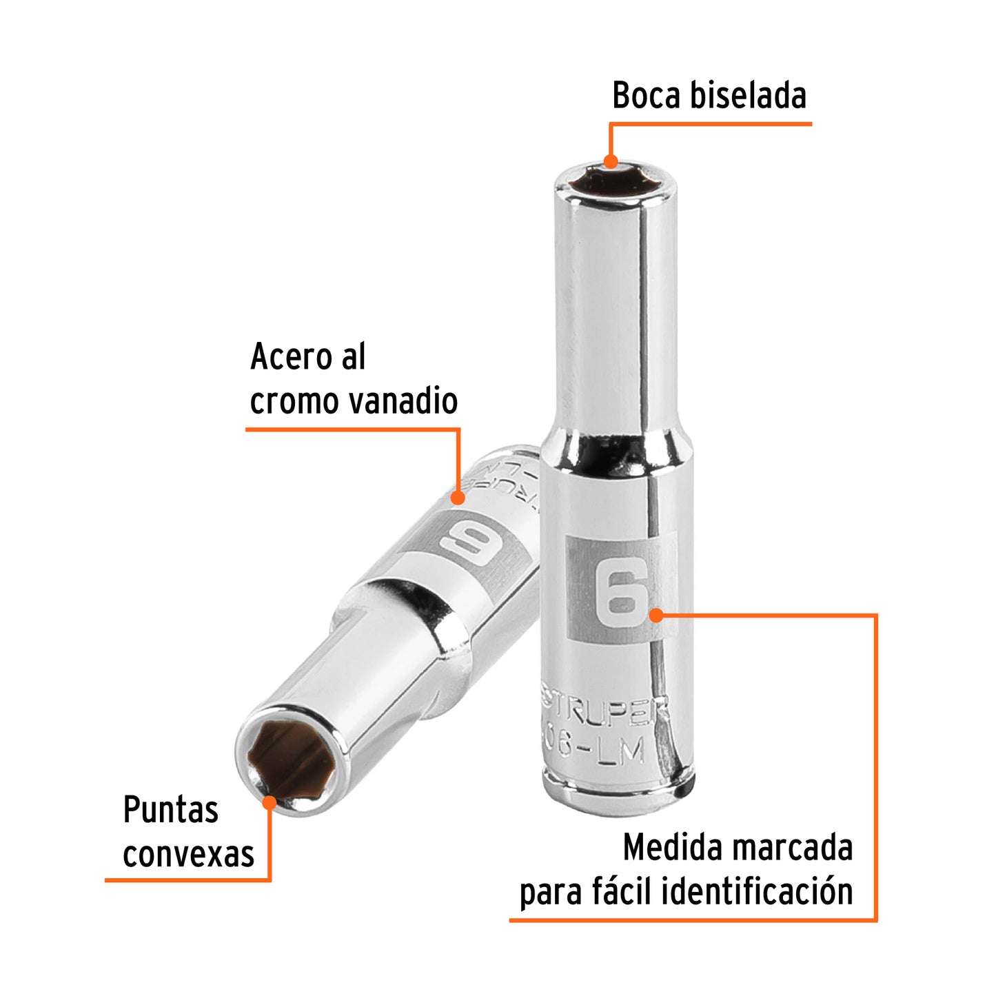 DADO LARGO DE 6MM, 6 PUNTAS, CUADRO 1/4'', TRUPER 13200 P