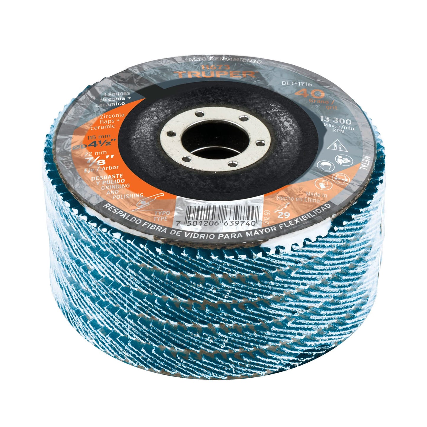 DISCO 4-1/2'' LAMINADO GRANO 40 CENTRO 7/8'', TRUPER 11673 P