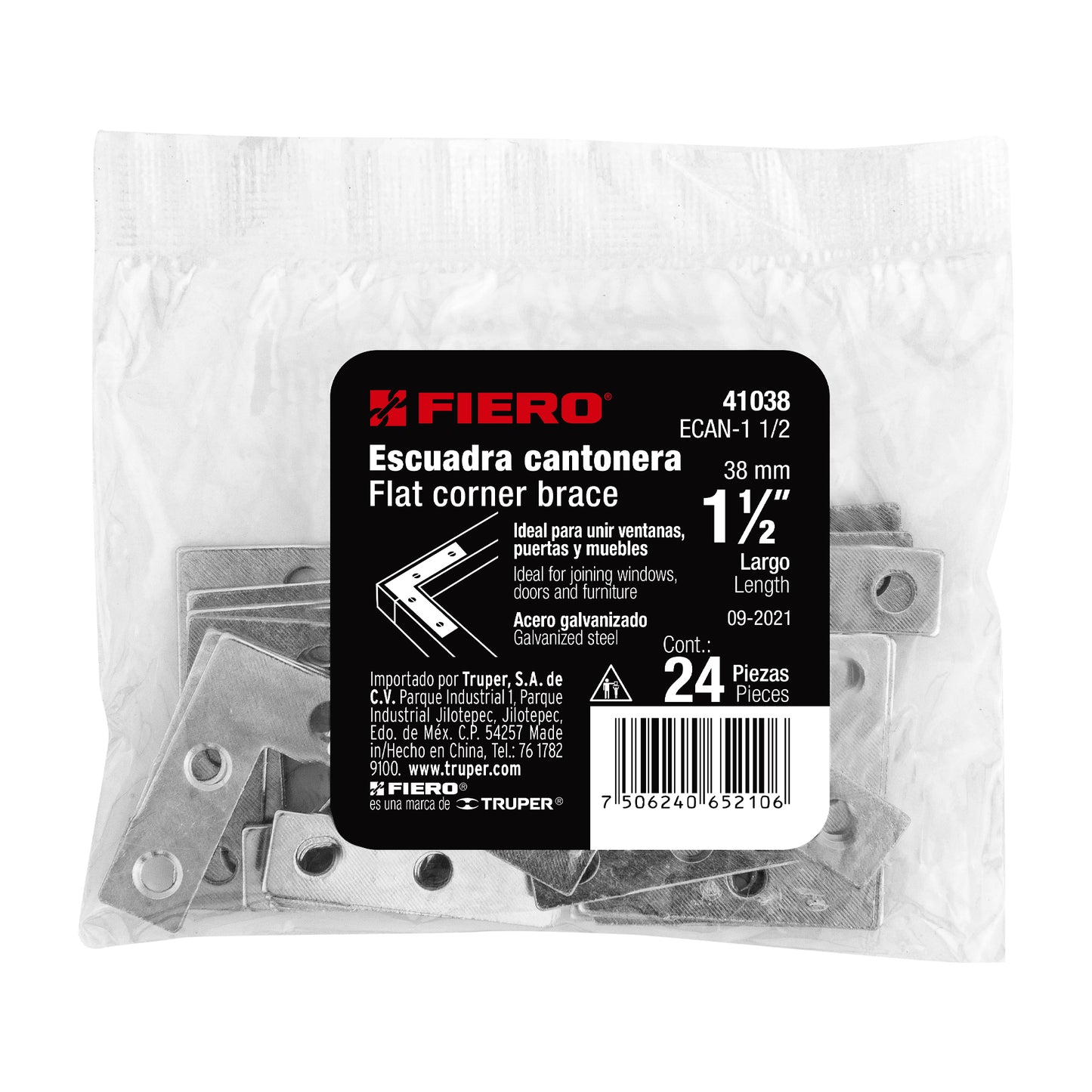 BOLSA CON 24 ESCUADRAS PLANAS CANTONERA 1-1/2'' X 1-1/2'', FIERO 41038 *