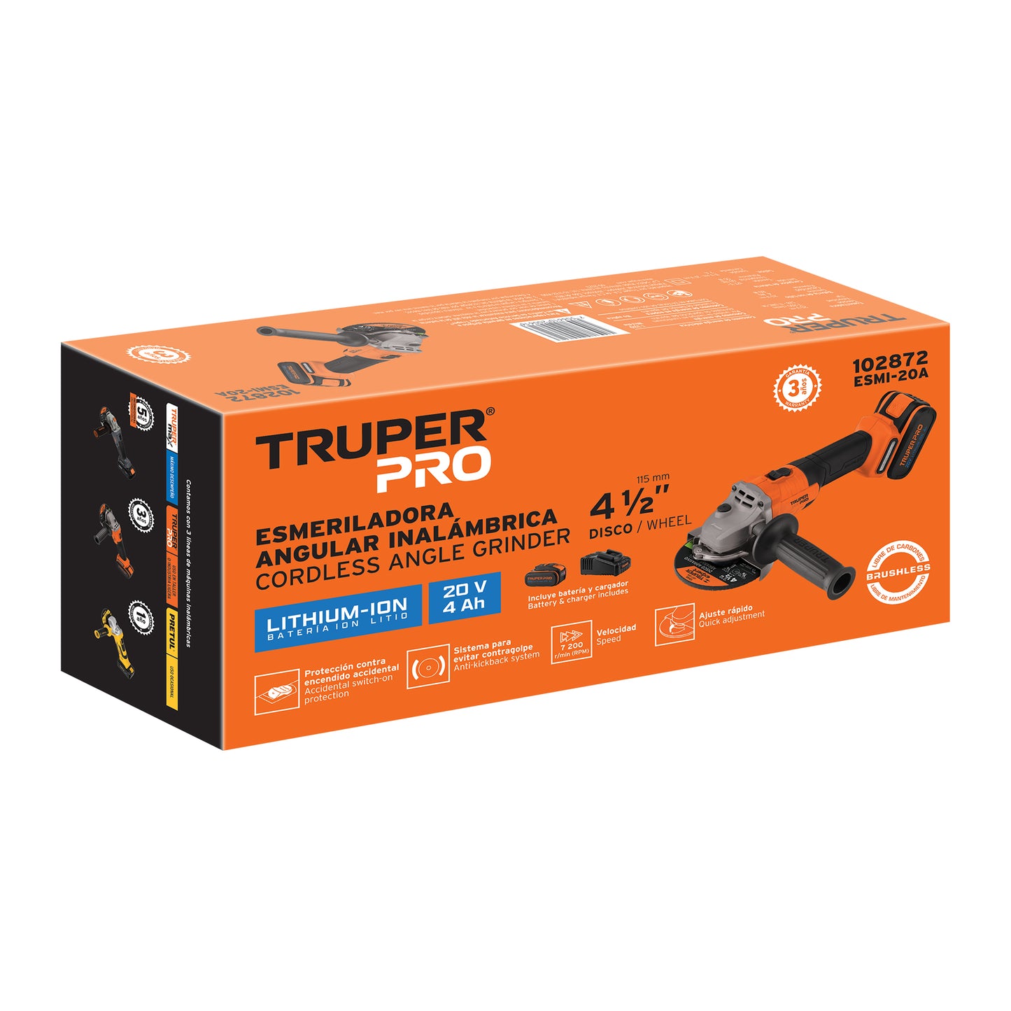 ESMERILADORA ANGULAR INALAMBRICA 4-1/2'' 20V TRUPER PRO 102872 *