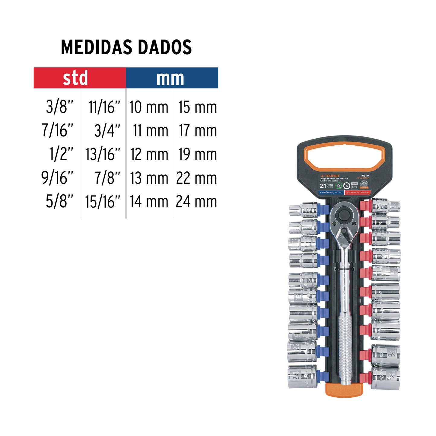 JUEGO DE DADOS MM Y STD CON MATRACA, CUADRO 1/2'', TRUPER 103110 P