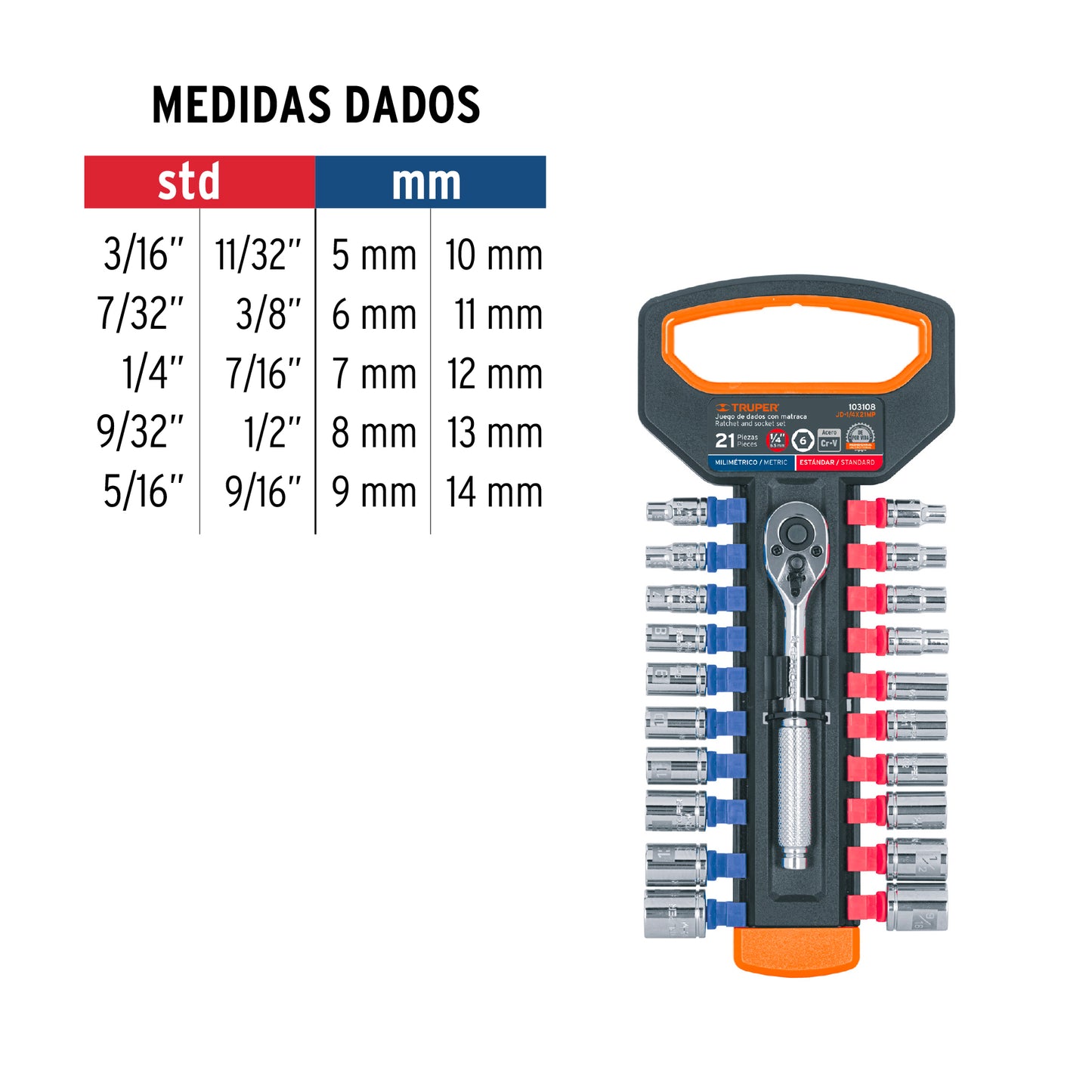 JUEGO DE DADOS MM Y STD CON MATRACA, CUADRO 1/4'', TRUPER 103108 *