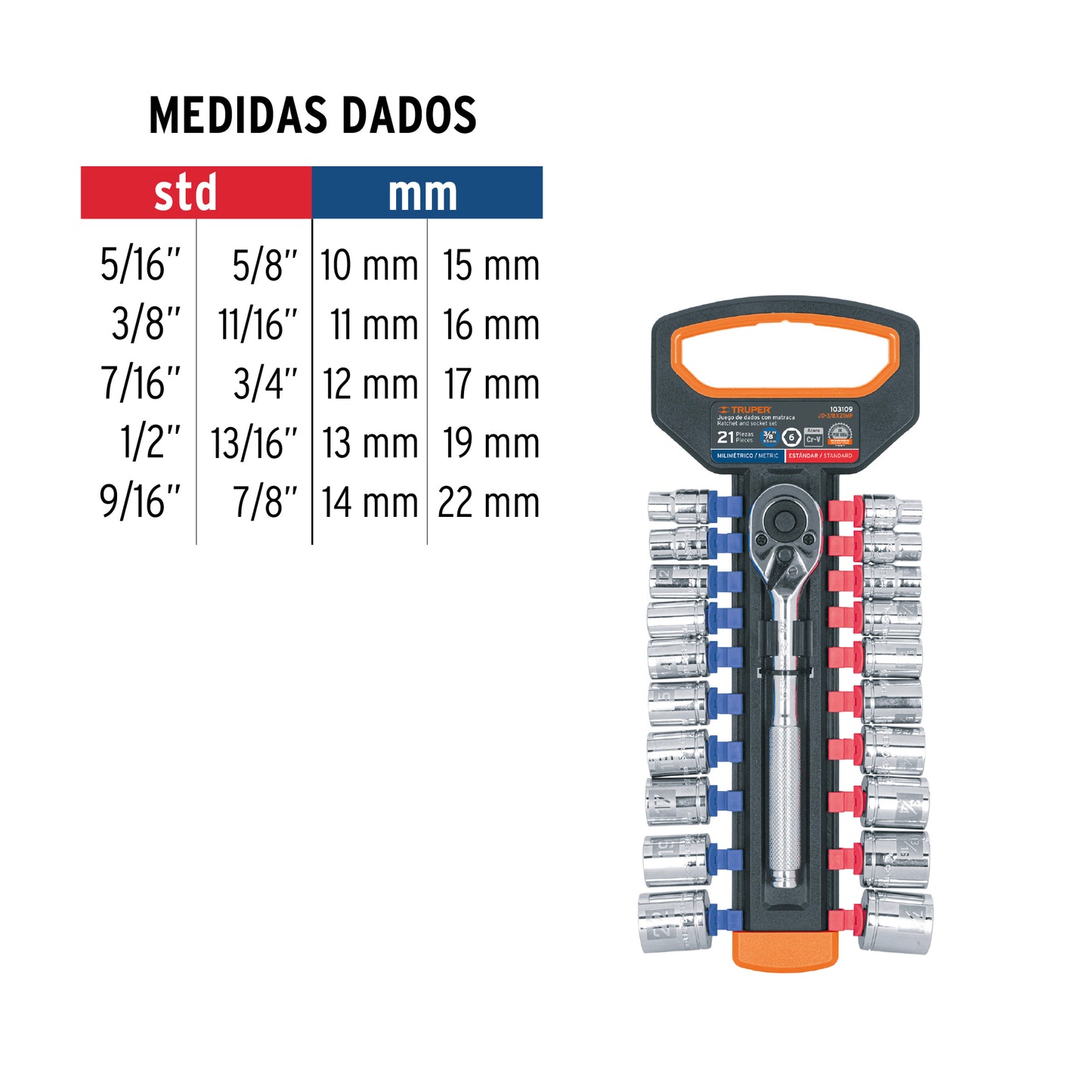 JUEGO DE DADOS MM Y STD CON MATRACA, CUADRO 3/8'', TRUPER 103109 P