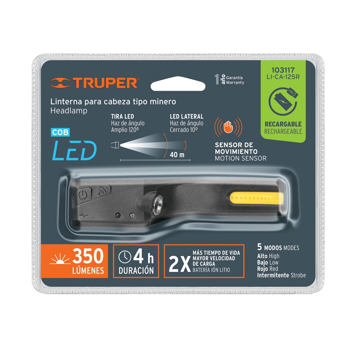 LINTERNA DE MINERO 125 LM RECARCABLE CON SENSOR, TRUPER 103117 *