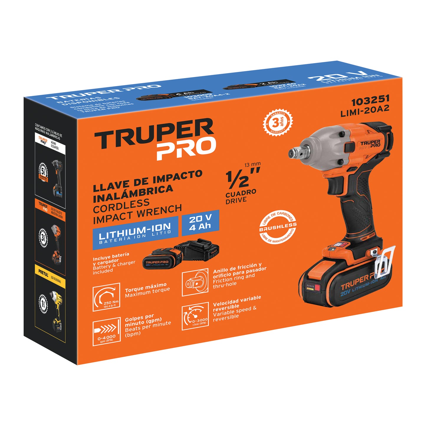 LLAVE IMPACTO INALAMBRICA 1/2'', 20V TRUPER PRO 103251 *