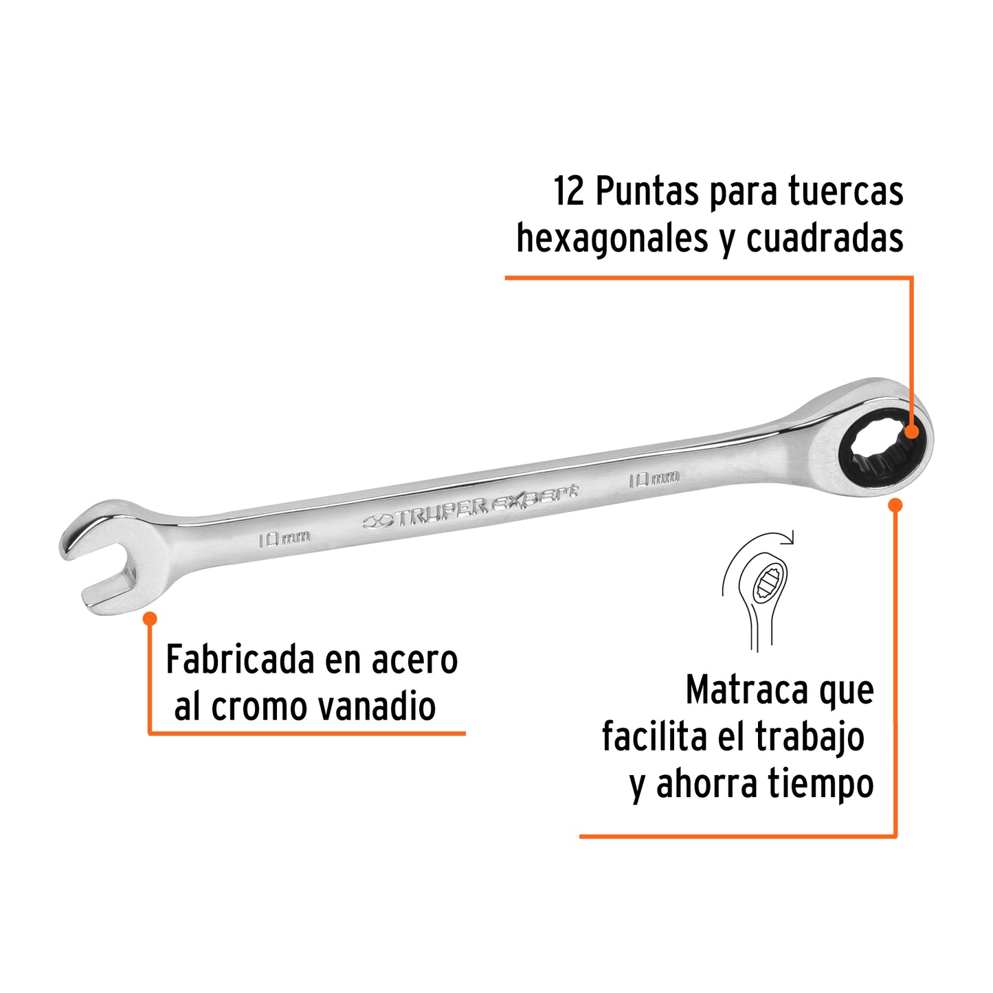 LLAVE COMBINADA CON MATRACA 10MM x 154 MM LARGO, EXPERT 15743 *