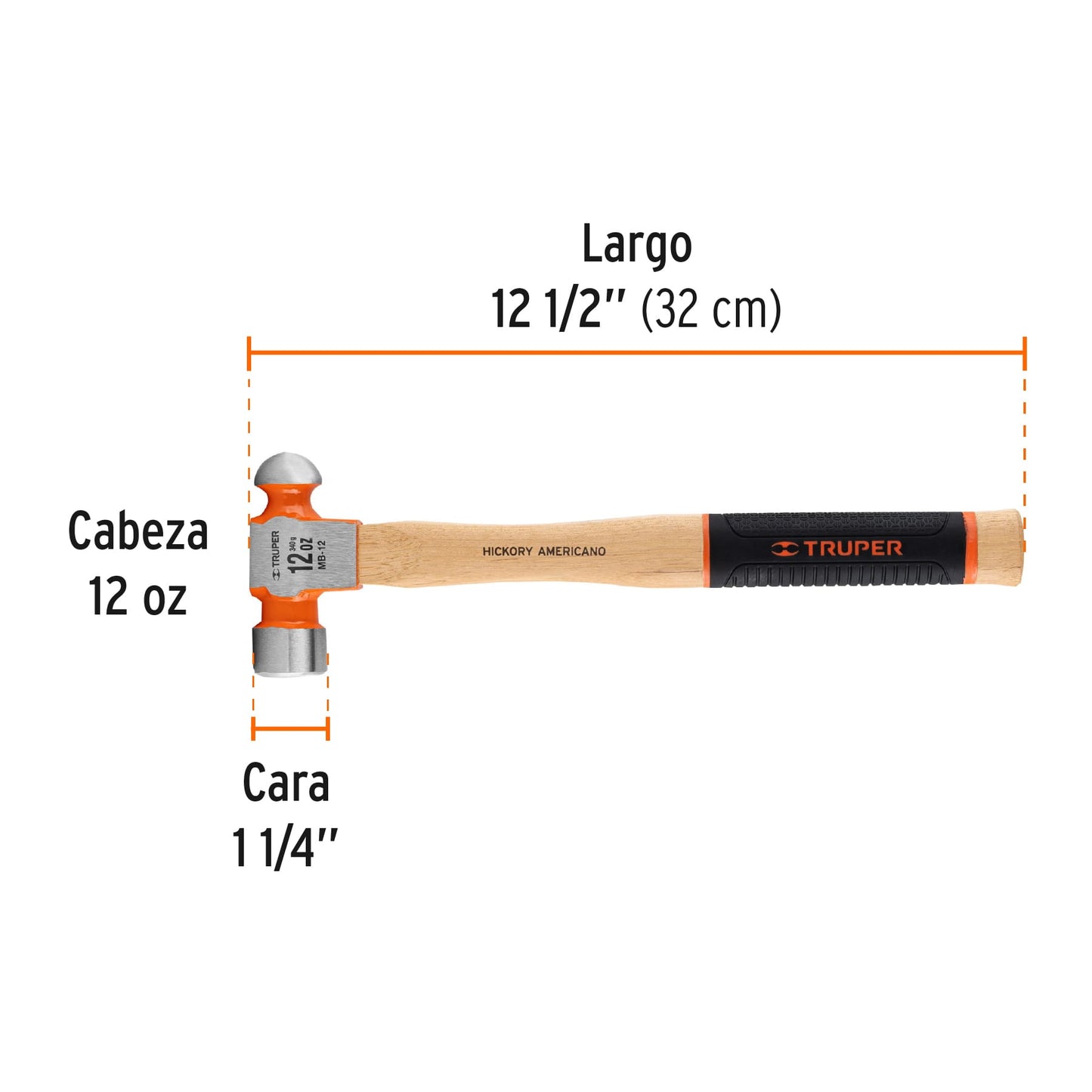 MARTILLO PULIDO DE BOLA 12 OZ MANGO HICKORY, TRUPER GRIP 16901 *
