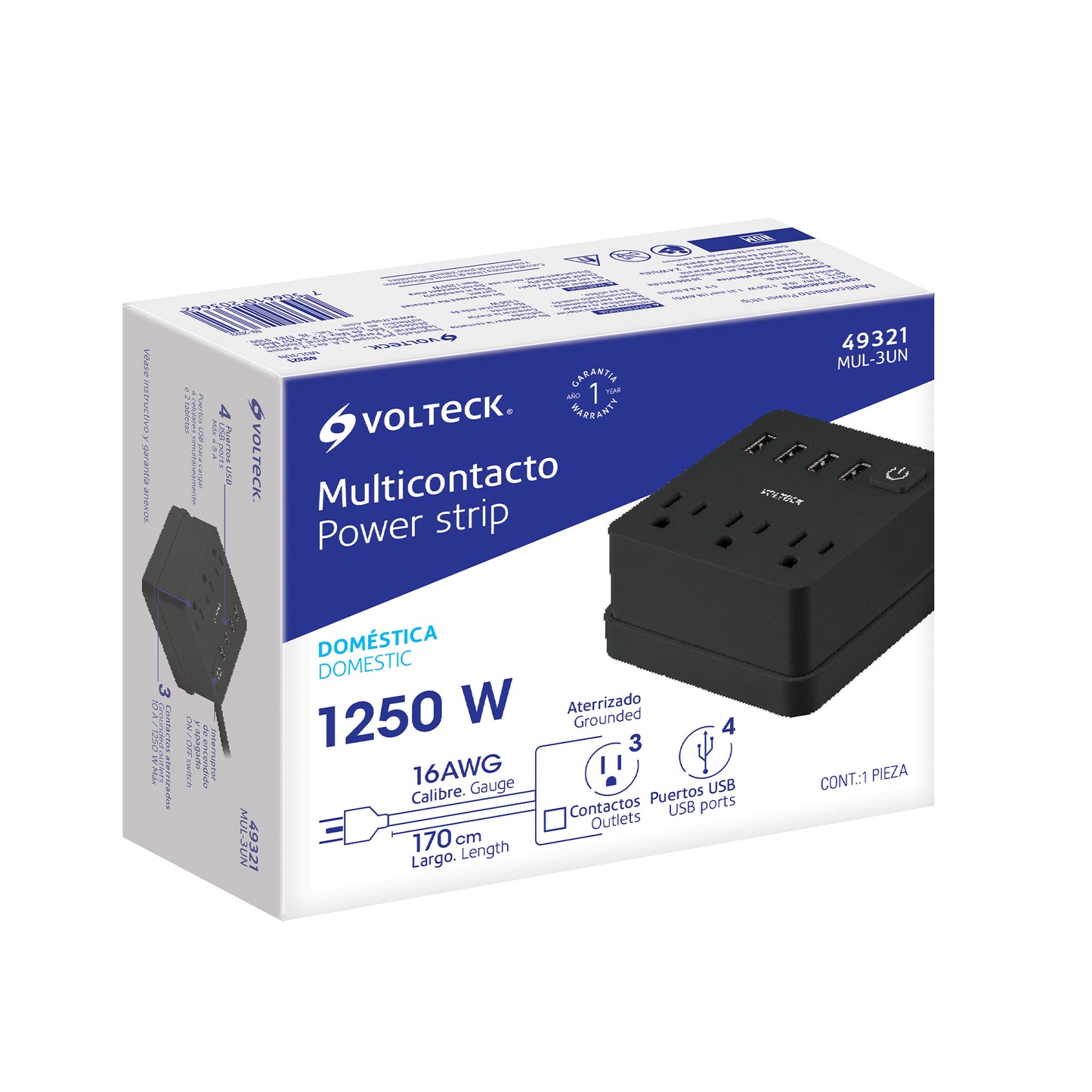 MULTICONTACTO 16 AWG DOMÉSTICO, 3 ENTRADAS 4 PTOS USB, NEGRO 49321 *L