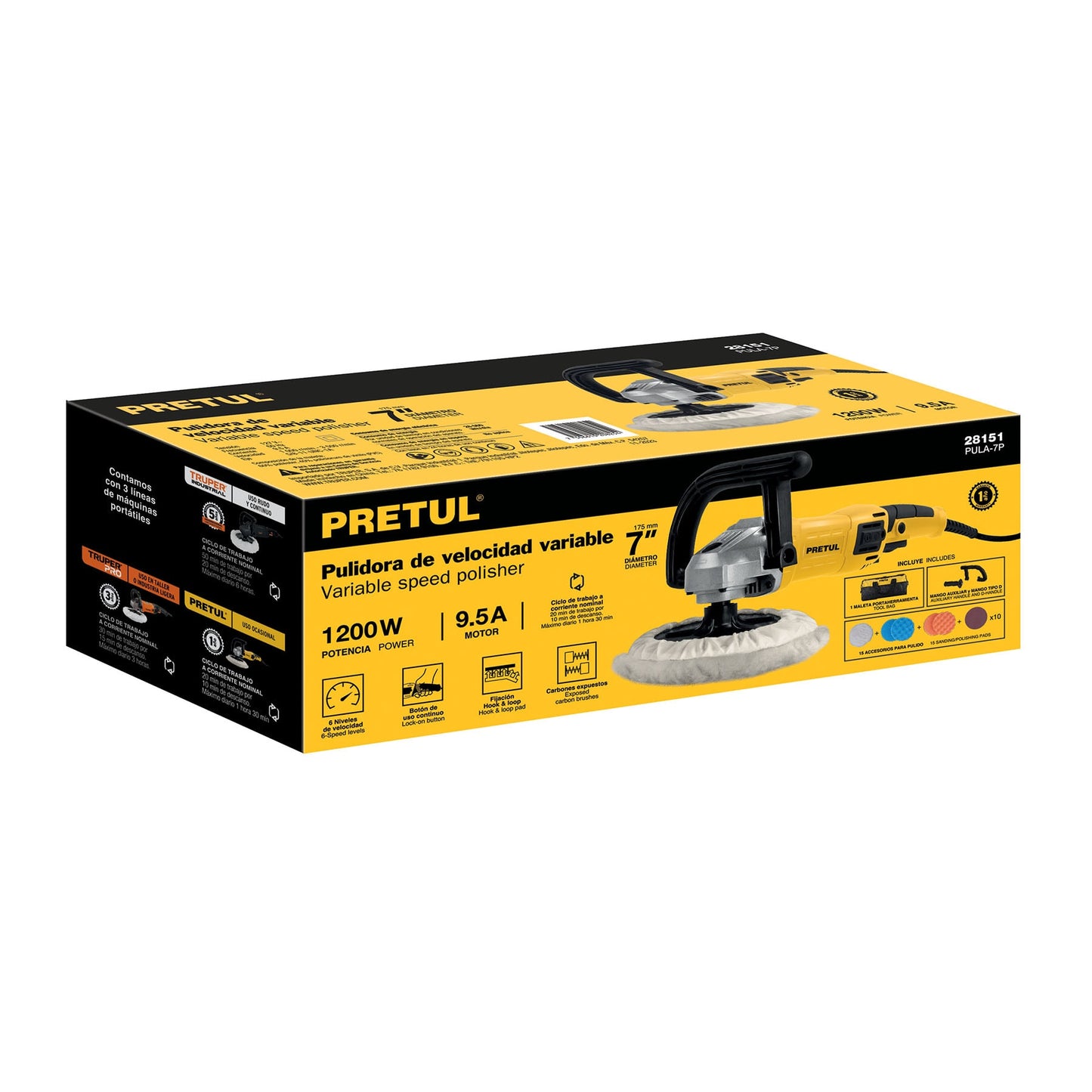 PULIDORA VELOCIDAD VARIABLE 7'' 1200W, C/ACCESORIOS, PRETUL 28151 *