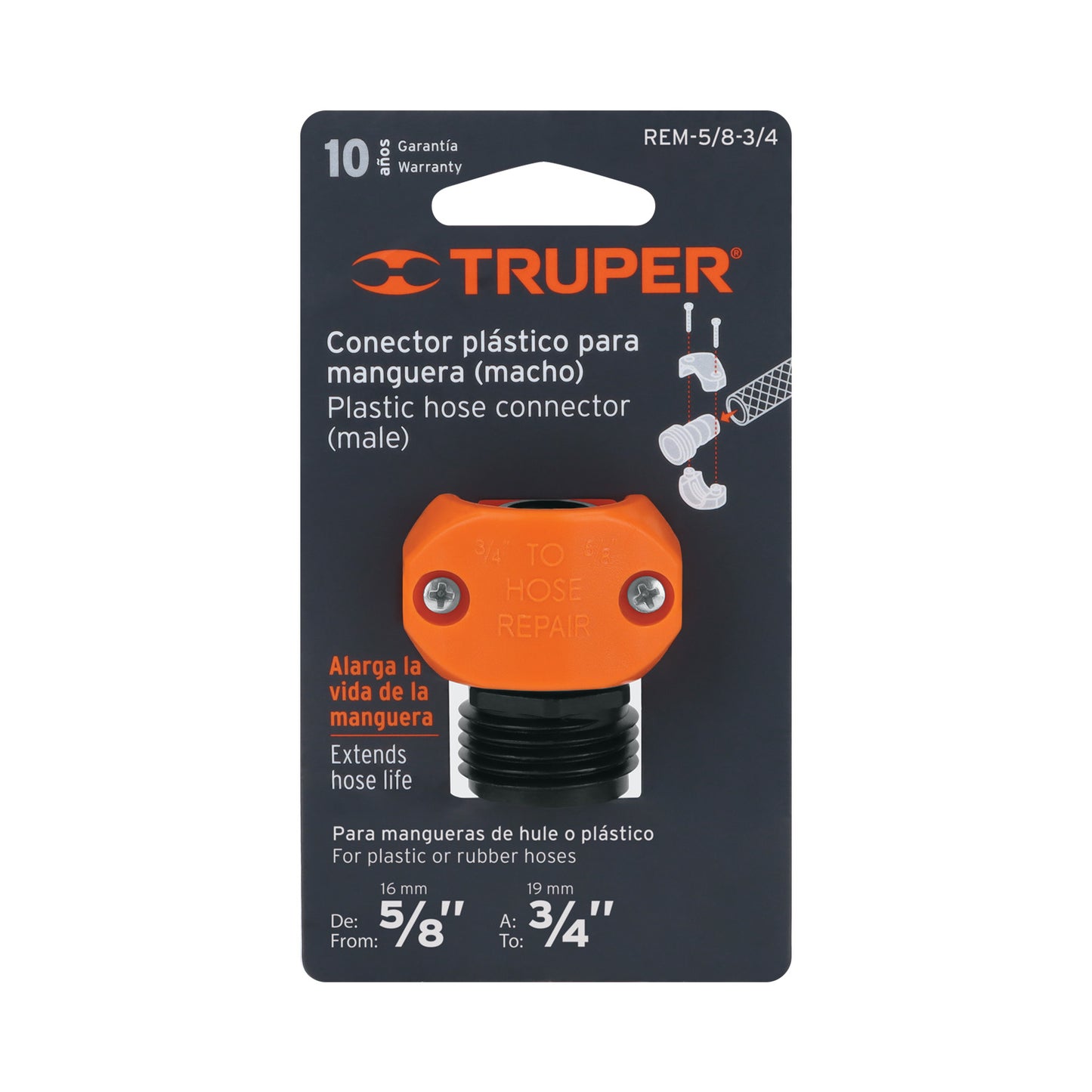 CONECTOR 5/8"-3/4" MACHO DE ABS PARA MANGUERA, TRUPER 12716 *