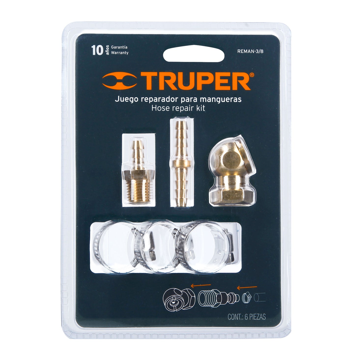 JUEGO DE 6 PIEZAS PARA REPARAR MANGUERAS DE 3/8" NPT, TRUPER 19021 *
