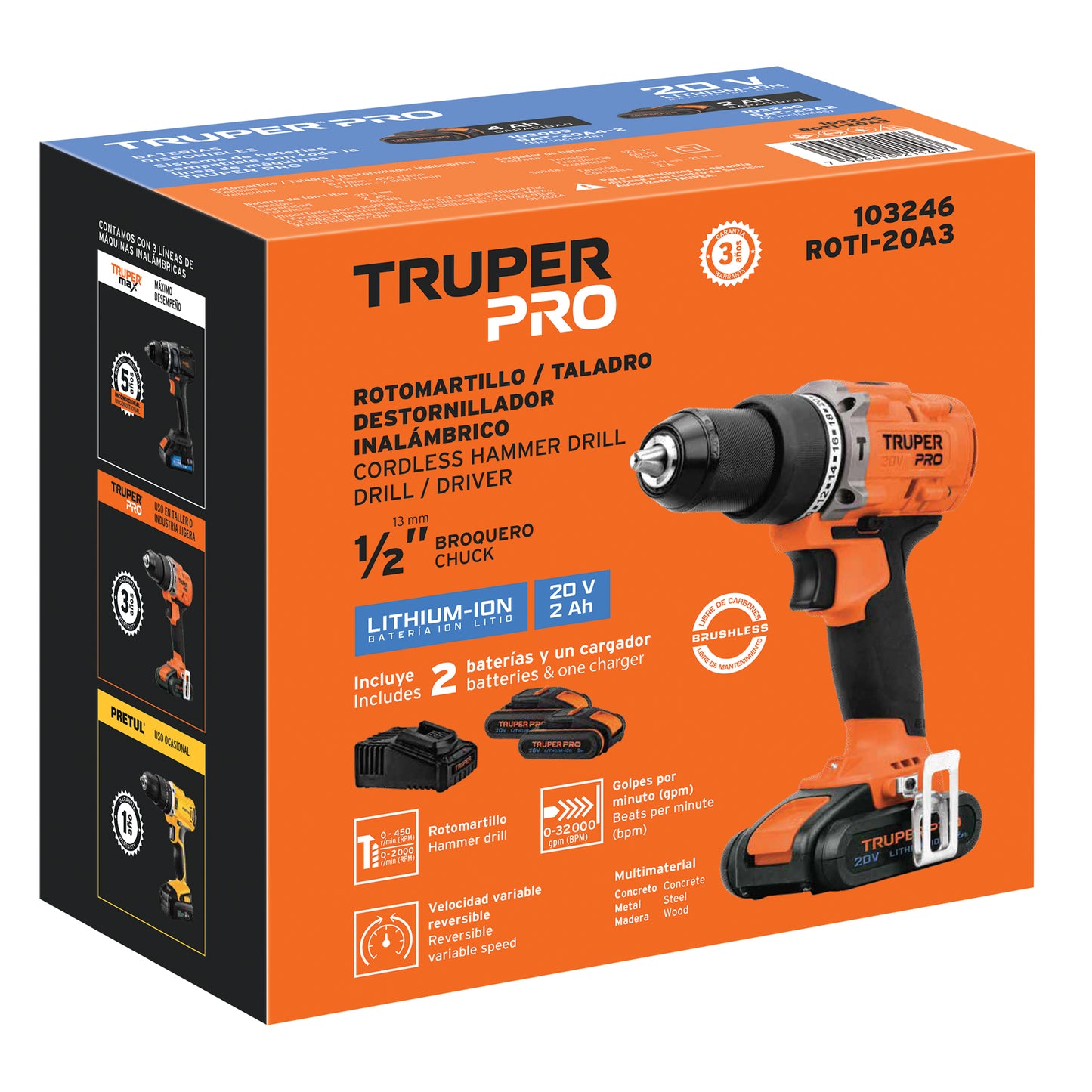ROTOMARTILLO INALMBRICO 1/2'', 20V TRUPER PRO 103246 *