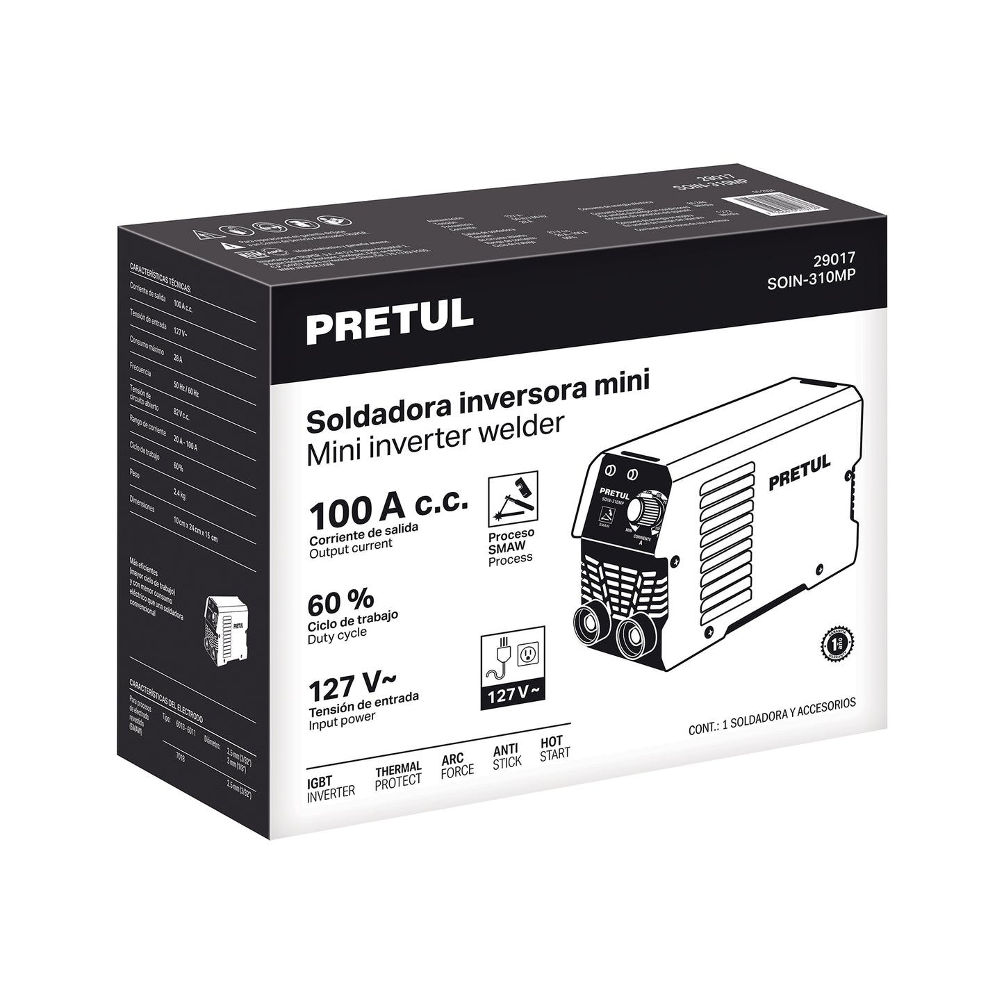 MINI SOLDADORA INVERSORA 100A, SERIE 300, 127V, PRETUL 29017 *